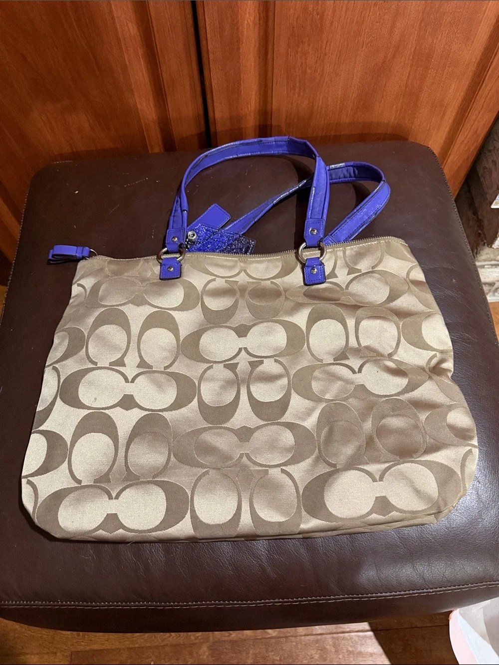 Coach Beige Signature Tote with Purple Trim